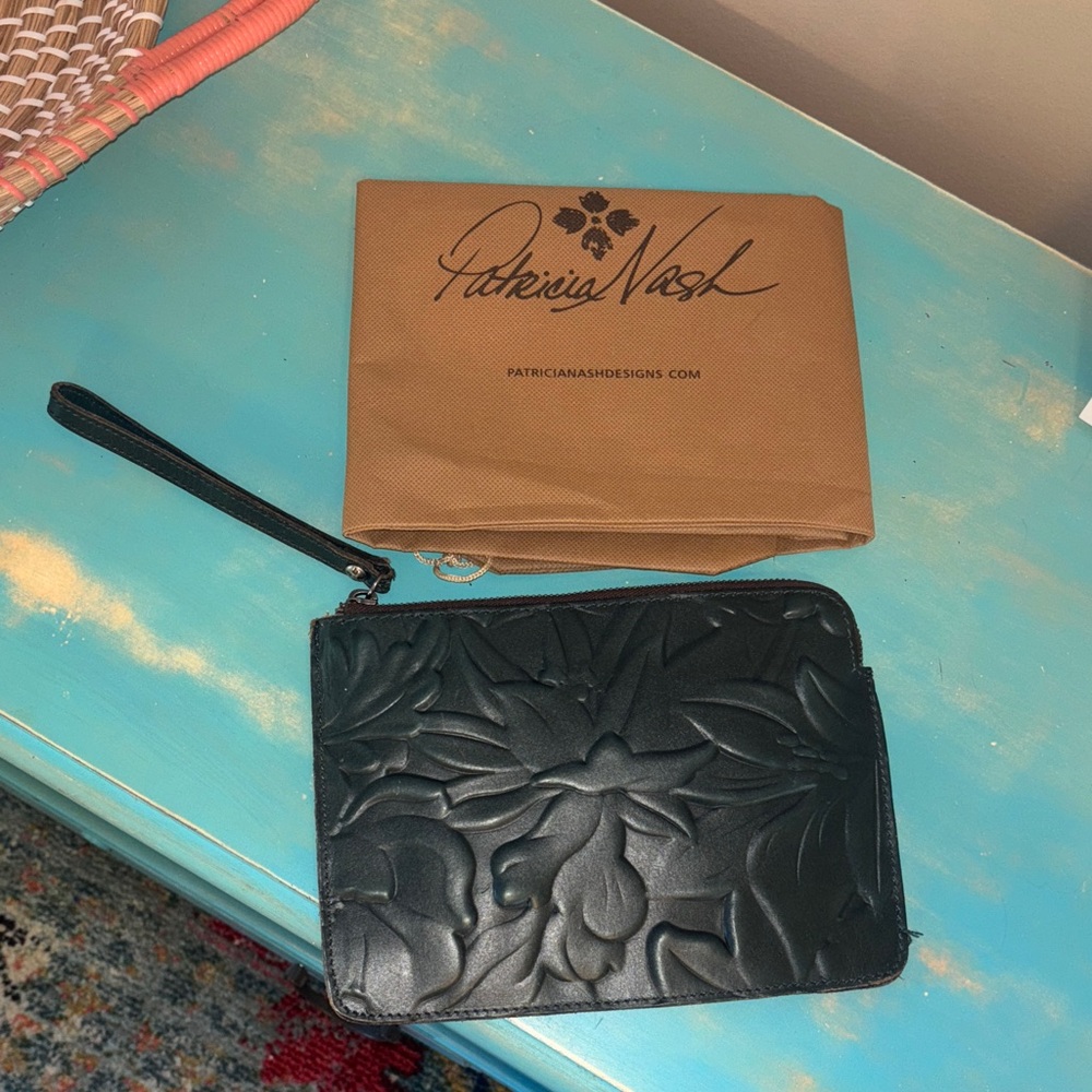 Patricia Nash Dark Green Embossed Leather Wristlet